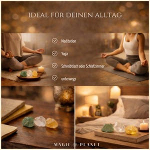 K&ouml;nnte beinhalten: Das Bild zeigt drei Kristalle in Gr&uuml;n, Klar und Gelb, die auf einer Holzoberfl&auml;che angeordnet sind. Der Text "IDEAL F&Uuml;R DEINEN ALLTAG" ist oben sichtbar. Die Kristalle werden in verschiedenen Umgebungen gezeigt, darunter eine Meditationsszene und ein Schlafzimmer.