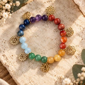 Könnte beinhalten: Ein Perlenarmband mit einem Farbverlauf aus runden Edelsteinen in Violett, Blau, Hellblau, Grün, Gelb, Orange und Rot. Das Armband ist mit mehreren goldfarbenen Metallanhängern verziert, die jeweils ein geometrisches Symbol zeigen.