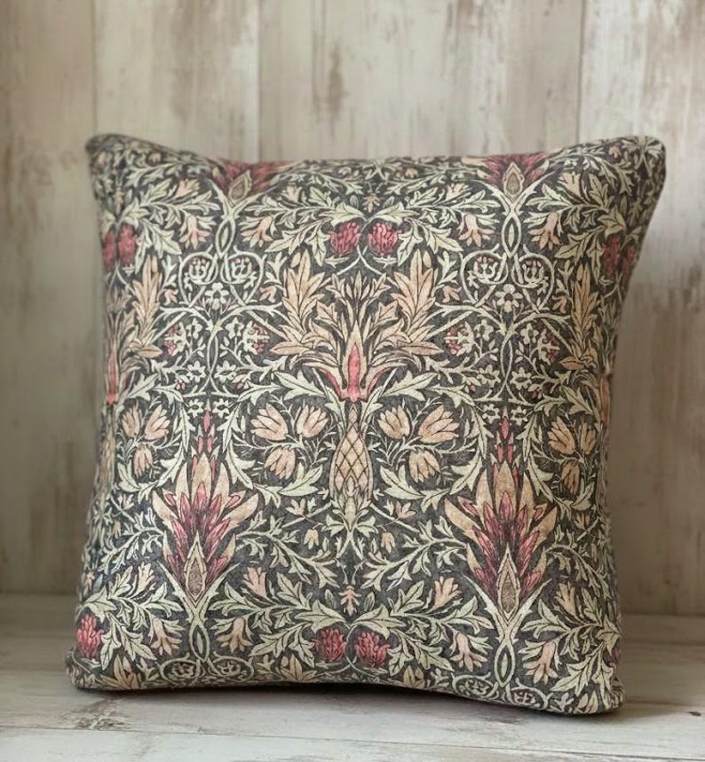William Morris Cushion Covers in Multiple Iconic Designs — Handmade Arts and Crafts Decor Snakeshead Mocha