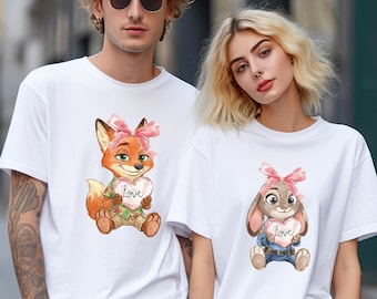 Watercolor Judy Hopps Nick Wilde Heart Shirt, Comfort Colors, Valentine Zootopia Shirt, Coquette Bow Zootopia Tee, Disney Love Shirt 294491