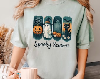 Spooky Season Cat Shirt, Comfort Colors Shirt, Vintage Halloween Ghost Shirt, Fall Pumpkin Shirt, Halloween Spooky Season Shirt 293696