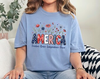 Floral American Flag Shirt, Comfort Colors, 4th Of July Women Shirt, Patriotic Independence Day Shirt, Fourth Of July USA Shirt 295551