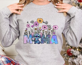 Disney Floral Mom Sweatshirt, Stitch Mother Hoodie, Mother's Day Stitch Crewneck, Disneyland Mama Flower Sweatshirt 292712