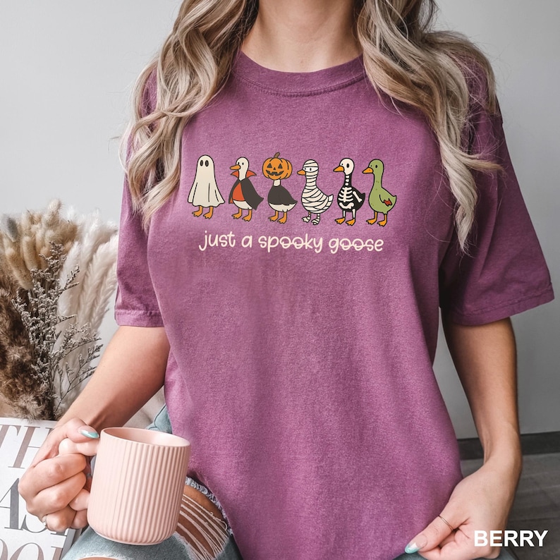 May include: Berry-coloured t-shirt with a line of cartoon geese in Halloween costumes, such as a ghost, a vampire, a pumpkin, and a mummy. The text "just a spooky goose" is printed below the geese.