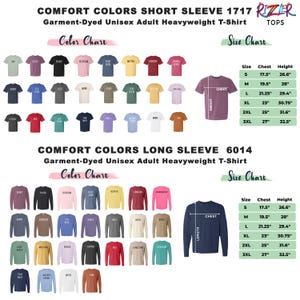 May include: Image of Comfort Colors short and long sleeve t-shirts with a colour chart. The size chart shows chest and height measurements in inches, with equivalent measurements in cm. A variety of shirt colours are displayed.