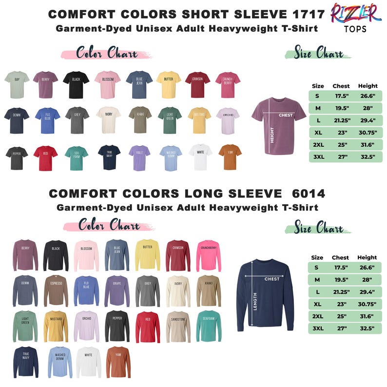 May include: Image of Comfort Colors short and long sleeve t-shirts with a colour chart. The size chart shows chest and height measurements in inches, with equivalent measurements in cm. A variety of shirt colours are displayed.