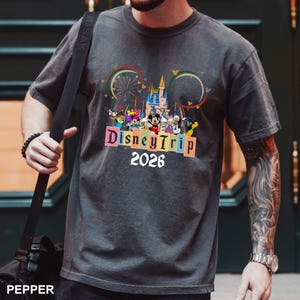 May include: Dark gray t-shirt featuring a colorful Disney Trip design with Mickey Mouse and friends, a castle, and the text "Disney Trip 2026". The design includes a rainbow and a Ferris wheel.