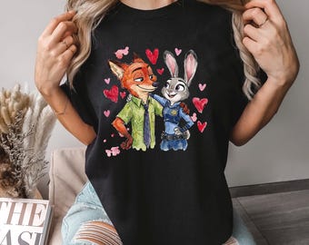 Watercolor Judy Hopps Nick Wilde Heart Shirt, Comfort Colors, Valentine Zootopia Shirt, Hearts Zootopia Tee, Disney Love Shirt 294494