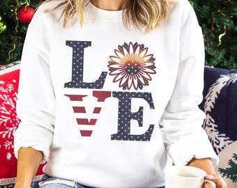 America Love Sweatshirt, 4th Of July Sweatshirt, American Flower Hoodie, American Love Hoodie, Patriotic Independence Day Crewneck 295075