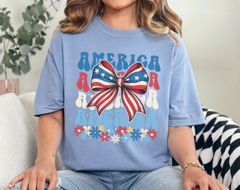 Coquette Floral America Shirt, Comfort Colors, Coquette USA Shirt, 4th July Party Shirt, Girly American Shirt, Independence Day Tee 295306
