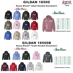 May include: Color chart for Gildan 18500 and 18500B heavy blend hooded sweatshirts. The chart shows different colors for adult and youth sizes. The adult size chart shows sizes S-3XL with chest and length measurements in inches. The youth size chart shows sizes XS-XL with chest, length, and fits sizes in inches.