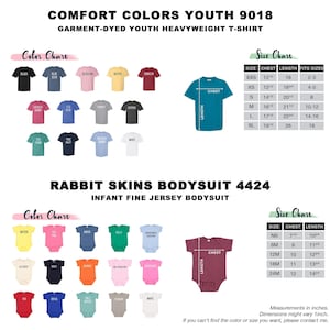 May include: Image showcasing a Comfort Colors youth t-shirt and a Rabbit Skins infant bodysuit color chart. The t-shirt chart displays various colors with size measurements in inches. The bodysuit chart also presents a range of colors with size details in inches.
