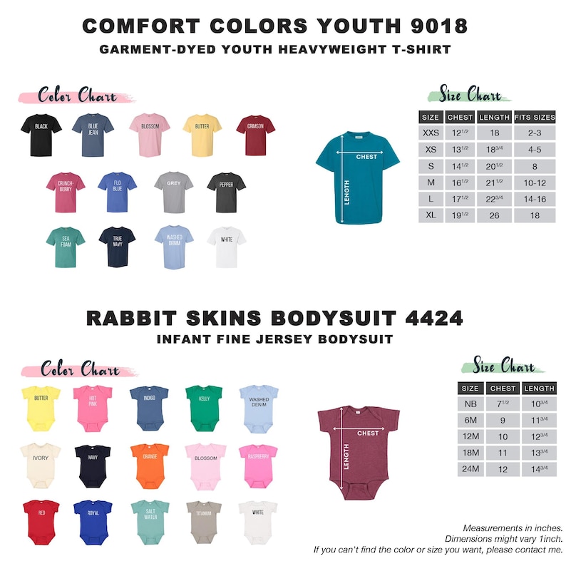 May include: Image showcasing a Comfort Colors youth t-shirt and a Rabbit Skins infant bodysuit color chart. The t-shirt chart displays various colors with size measurements in inches. The bodysuit chart also presents a range of colors with size details in inches.