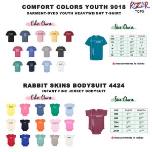 May include: Image shows a colour chart and size chart for Comfort Colors youth t-shirts and Rabbit Skins infant bodysuits. The t-shirt size chart includes chest and length measurements in inches. The bodysuit size chart also includes chest and length measurements in inches.
