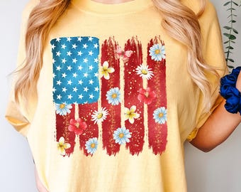 Floral American Flag Shirt, Comfort Colors, 4th Of July Women Shirt, Patriotic Independence Day Shirt, Fourth Of July USA Shirt 185554