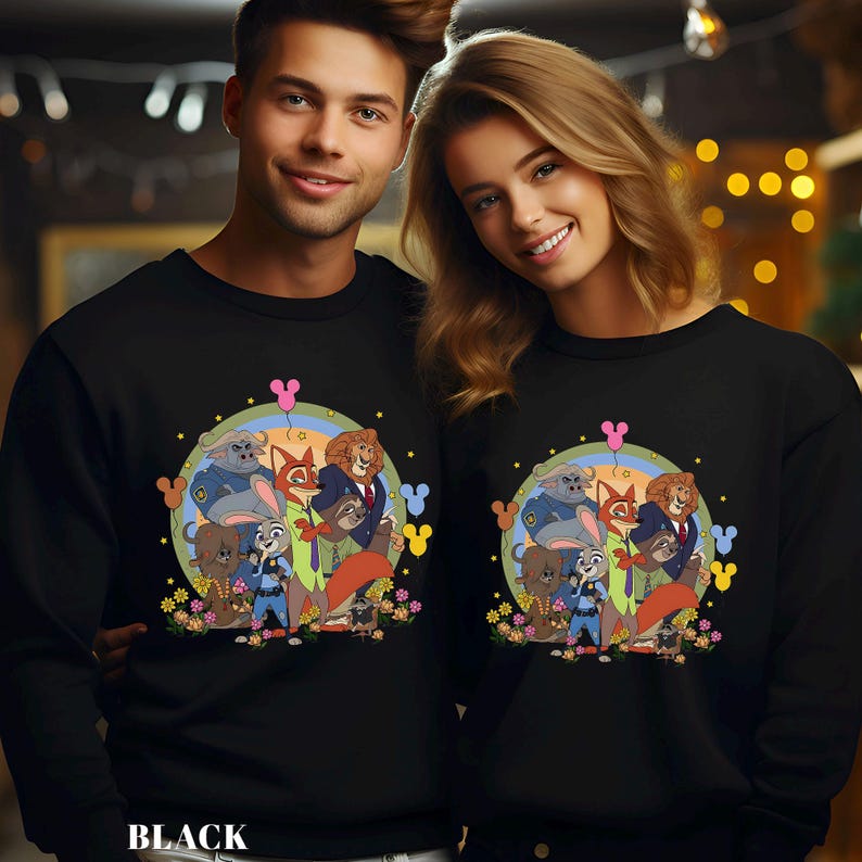 May include: Black sweatshirts featuring a colorful cartoon illustration of animal characters. The design includes a rainbow, flowers, and the word "BLACK" at the bottom. The sweatshirts are worn by two people.