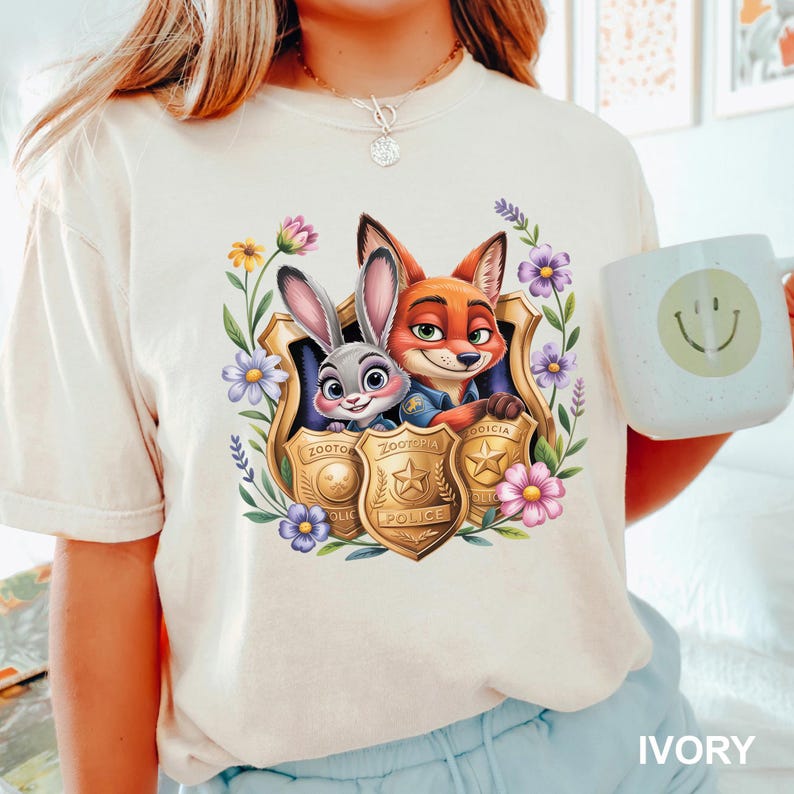 May include: Ivory t-shirt with a colourful graphic of Zootopia characters Judy Hopps and Nick Wilde inside a police badge design, surrounded by flowers. A white mug with a smiley face is held in the hand. The word "IVORY" is printed at the bottom.