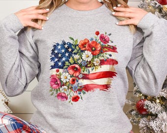 Floral American Flag Sweatshirt, 4th Of July Women Hoodie, Patriotic Independence Day Sweatshirt, Fourth Of July USA Crewneck 295092