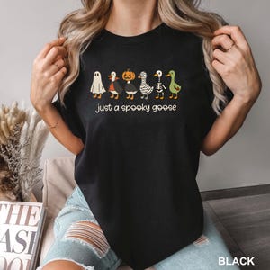 May include: Black t-shirt with a Halloween-themed design. It features a row of cartoon geese in costumes, including a ghost, vampire, pumpkin, mummy, skeleton, and a green goose. The text "just a spooky goose" is printed below.