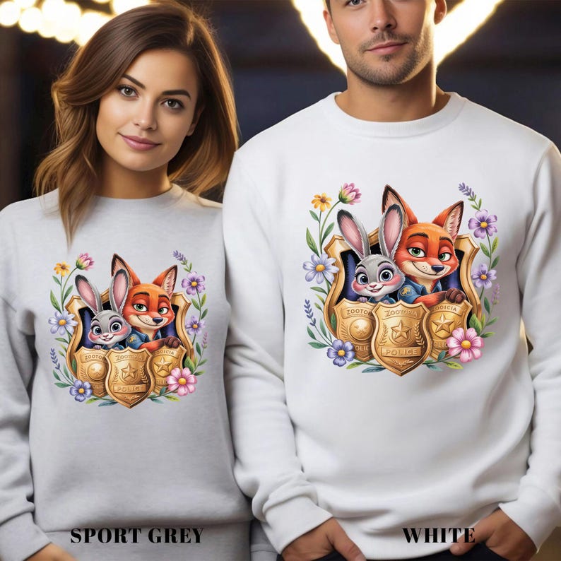 Puede incluir: Sudaderas grises deportivas y blancas con un gr&aacute;fico colorido de los personajes de dibujos animados Judy Hopps y Nick Wilde de Zootopia. El dise&ntilde;o incluye una placa de polic&iacute;a, flores y el texto "Zootopia Police".