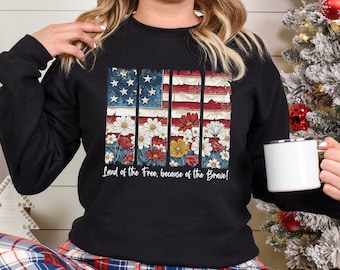 Floral USA Flag Sweatshirt, Land Of The Free Hoodie, America 250 Sweatshirt, 4th of July Hoodie, USA Since 1776 Patriotic Crewneck 295299
