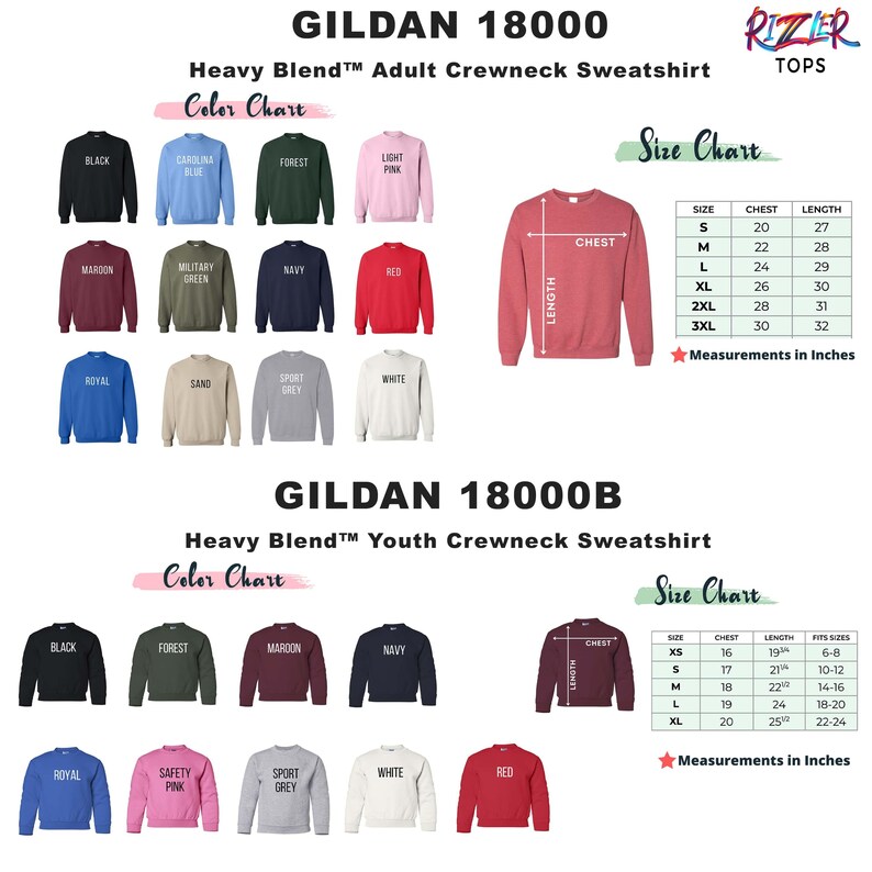 May include: Color chart for Gildan 18000 and 18000B adult and youth crewneck sweatshirts. The chart shows the available colors for each style, including black, forest, maroon, navy, royal, safety pink, sport grey, and white. The size chart shows the chest and length measurements in inches for each size.