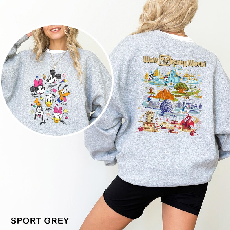 May include: Sport grey sweatshirt with Disney characters on the front and a map of Walt Disney World on the back. The front features Mickey, Minnie, Donald, Daisy, Goofy, and Pluto. The back has a colorful map. The text "SPORT GREY" is at the bottom.