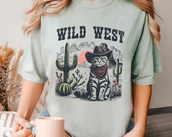 Wild West Cat Shirt, Retro Wild West Cat Graphic Tee, Comfort Colors Trendy Custom Print Top 296038