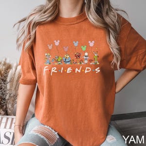 May include: Burnt orange t-shirt with the word "FRIENDS" in white, and cartoon characters with Mickey Mouse balloon graphics. The shirt has short sleeves and a relaxed fit, suitable for casual wear.