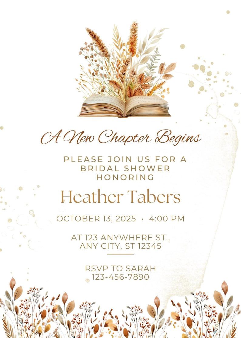 Op de afbeelding: Een bruidsdoucheinvitatie met een aquarelillustratie van een open boek met herfstbladeren. De tekst luidt "A New Chapter Begins" en bevat de naam van de bruid, datum, tijd en RSVP-informatie.