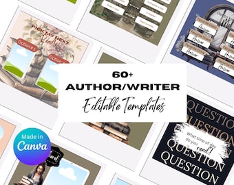 May include: A collection of 60+ editable templates for authors and writers, designed in Canva. The templates feature various designs, including a book stack, a question mark, and a book with a floral design. The text "60+ AUTHOR/WRITER Editable Templates" is displayed in a large font.