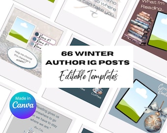 May include: 66 Editable Instagram post templates for authors, featuring winter themes. The templates include images of books, coffee, a winter scene, and a quote about reading. The text "66 Winter Author IG Posts Editable Templates" is displayed in large, bold letters.