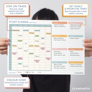 May include: A weekly study planner with a colourful grid layout. The planner includes sections for Monday through Sunday, with space for daily tasks and notes. The planner also features a colour-coded key for different types of activities, such as revision, homework, and exams. The planner is designed to help students stay organised and on track with their studies.