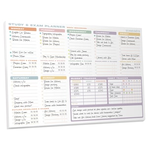 May include: A white study planner with a weekly layout, including sections for each day, a budget tracker, and a habit tracker. The planner has text such as "Study & Exam Planner" and daily tasks.