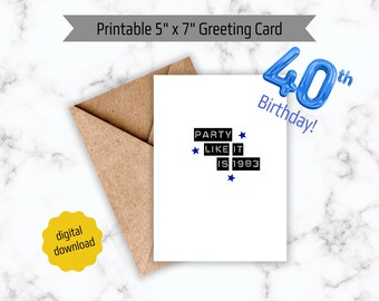 40th Birthday Card - Turning 40 - Party Like It Is 1983 - Printable Greeting Card Digital Download with Blue Stars