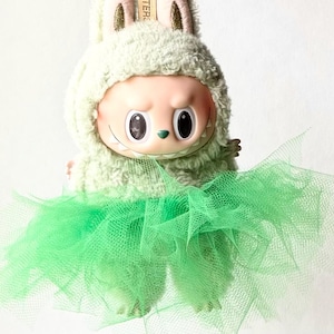 Clover Green Ballet Tutu for Labubu - Bright green labubu ballerina tutu handmade for plush pendant bag charm tulle doll costume for monster