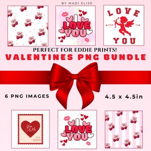 Peut inclure: Un ensemble PNG de la Saint-Valentin avec six images et un nœud rouge. Les images incluent des motifs de cerises, des cœurs, les mots "I Love You" et un cupidon. L'ensemble mesure 11,4 x 11,4 cm.