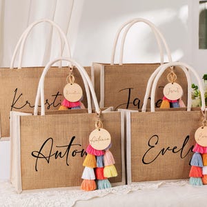 Personalized Bridesmaid Gift Bag with Charm,Custom Burlap Gift Bag,Bachelorette Party Bag, Bridesmaid Proposal Gift,Beach tote gift.