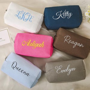Personalized Cosmetic Bag,Custom Monogram Makeup Bag,Waffle Makeup Bag,Travel Makeup Bag,Bridesmaid Gift,Gift For Her,Initials Makeup Bag