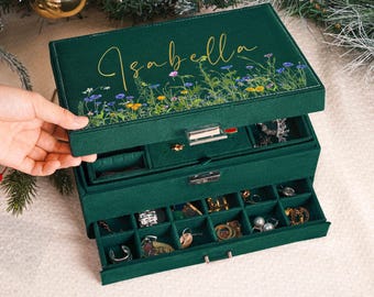 Boîte De Rangement à Bijoux - Bois Et Cuir PU - Vert - 19.4x13x12.5 Cm - Neuf
