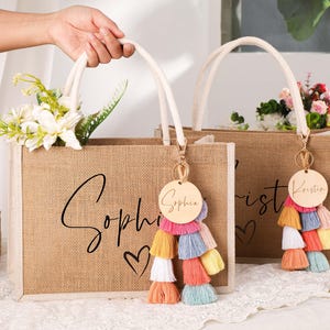 Borse in tela di juta per damigelle d'onore personalizzate, borse per proposte di matrimonio per damigelle d'onore, borsa da spiaggia con monogramma, regalo per proposte di matrimonio per damigelle d'onore, borsa per addio al nubilato.