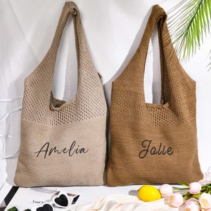 Benutzerdefinierte häkeln Stickerei Strand Einkaufstasche, benutzerdefinierter Text Tote Knit Sommerferien ästhetische Boho Einkaufstasche, Stickerei personalisierte Geschenk.