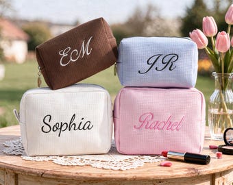 Custom Bridesmaid Waffle Makeup Bag,Bridesmaid Gift Bag,Monogramed Toiletry Makeup Bag,Embroidered Waffle Cosmetic Bag,Gift for Her