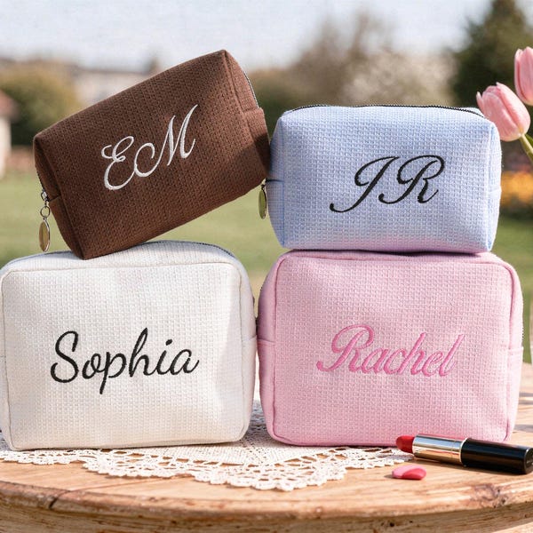 Custom Embroidered Waffle Makeup Bag,Bridesmaid Gift Bag,Monogramed Toiletry Makeup Bag,Personalized Waffle Cosmetic Bag,Gift for Her