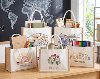 Personalized Teacher Jute Tote Bag, Back To School Canvas Gift Bag,Small Medium Large,Teacher Appreciation Gift