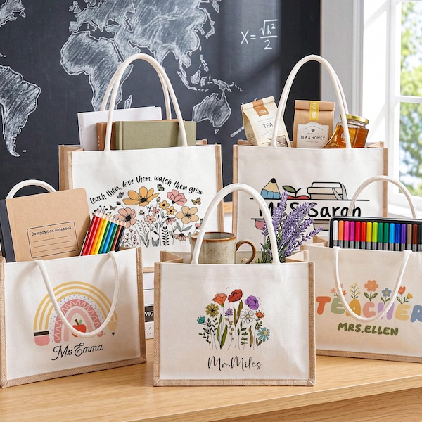 Borsa tote in juta personalizzata per insegnanti, borsa regalo in tela per il ritorno a scuola, piccola, media e grande, regalo di ringraziamento per gli insegnanti
