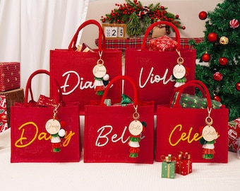 2025 Personalized Red Burlap Christmas Gift Bag,Christmas Gift Bag with Crocheted Custom Name,Christmas Burlap Bag,Holiday Gift Bag,Xmas Bag