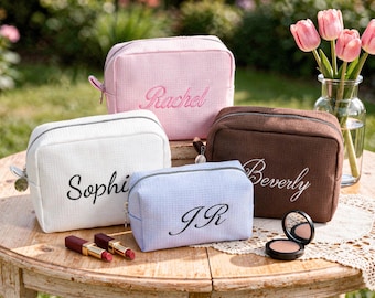 Custom Embroidered waffle cosmetic bag,Bridesmaid Gift Bag,Monogrammed Makeup Bag,Waffle  Makeup Bag,Gift for Her,Bridal Party Gift Bag