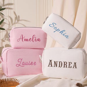 Bolsa de cosméticos de viaje con diseño de gofre personalizada, bolsa de cosméticos, regalos de dama de honor, regalos de fiesta nupcial, organizador de maquillaje, regalo de despedida de soltera.