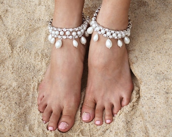 Juno Bohemian Bridal Anklets, Beach Wedding Anklet, Ankle Bracelet, Pearl Anklet, Foot Jewelry, Destination Wedding Anklet 1 Pair